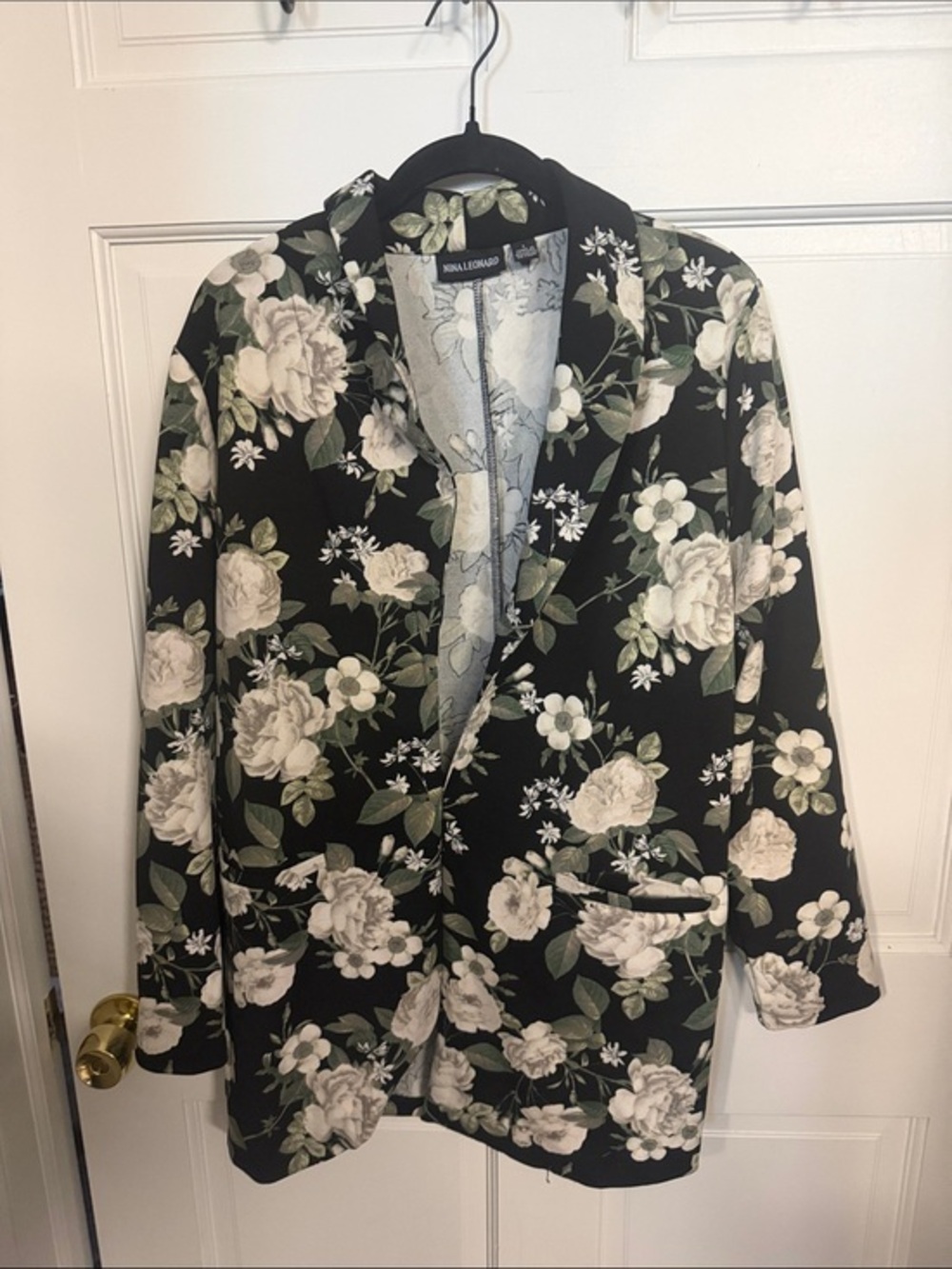 Nina Leonard Black Floral Blazer with White and Green Bouquet